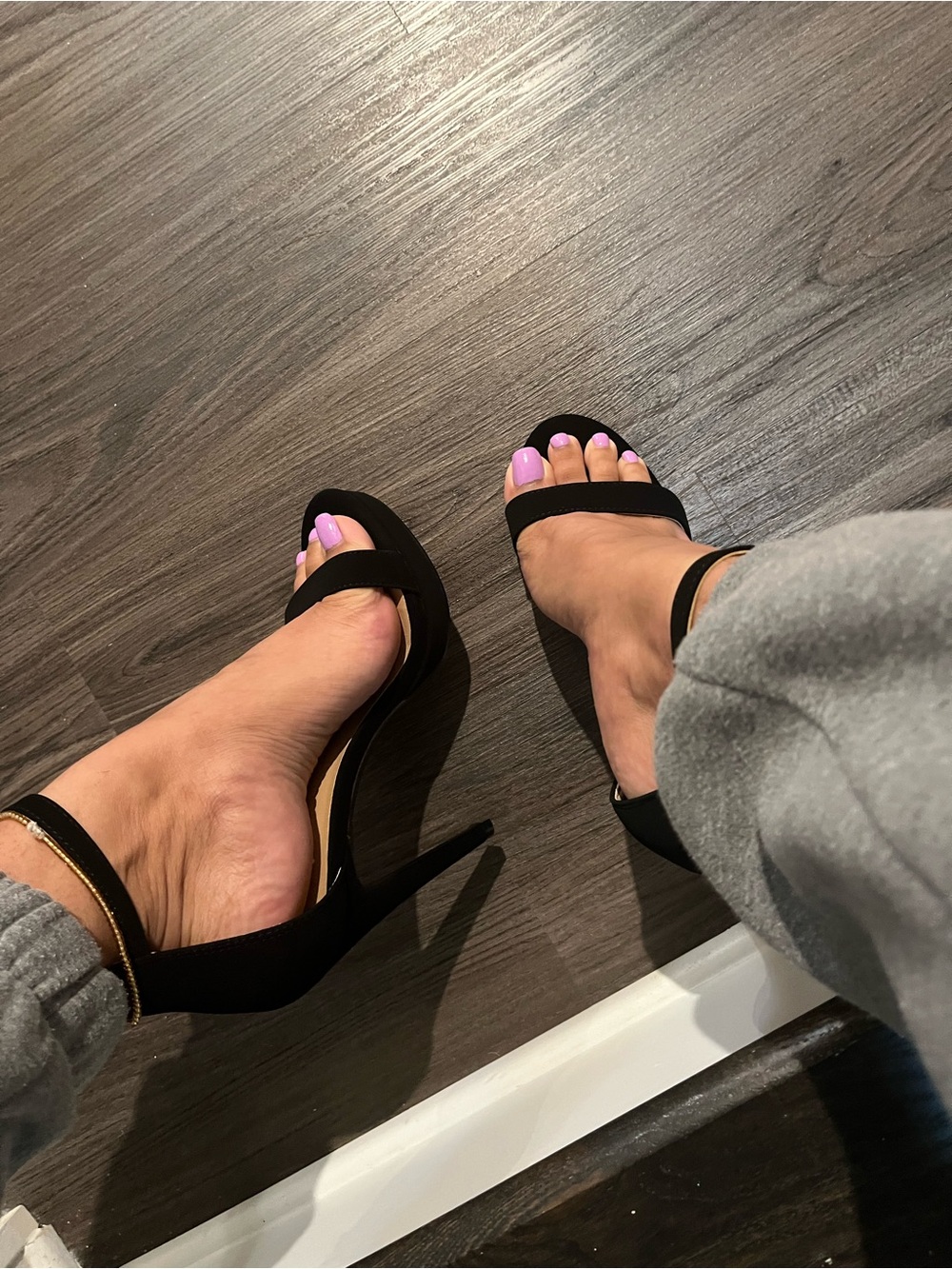 IDIFU Black Ankle-Strap Stiletto Heels with Purple Toenail Accent - Picture 2 of 7